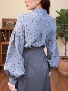 Women's All-Over Heart Print Collared Lantern Sleeve Casual Blouse Vacation Spring - Dusty Blue - View 3