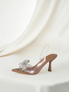 Clariva Women Bow Detail Rhinestone Decorated Pointed-Toe High-Heeled Sandals With Transparent PVC Strap - Clear - View 2
