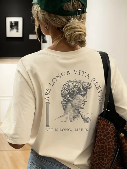 夏季新款复古雕刻大卫头像印花休闲圆领短袖T恤，时尚百搭女式上衣