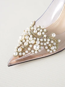 Clariva Giày cao gót mũi nhọn đính ngọc trai thủ công trang trí hoa cho nữ, màu bạc và sâm panh thời trang, xuân thu - Rượu sâm banh - Xem 4