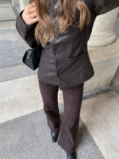 New Vintage Bomber Leather Jacket, Solid Color Casual Zip Pocket Jacket, Regular Fit