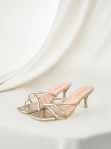 Clariva 加大码女式舒适简约交叉露趾方头皮革高跟凉鞋，休闲时尚户外沙滩装夏季鞋 - 金色 - 查看 1