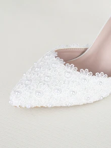 Clariva 9cm 白色蕾丝婚礼高跟凉鞋、细高跟尖头扣带玛丽珍凉鞋、白色仿珍珠婚礼新娘晚会礼服凉鞋、女士优雅高跟凉鞋、白色公主生日派对毕业舞会高跟鞋情人节 - 白色 - 查看 4