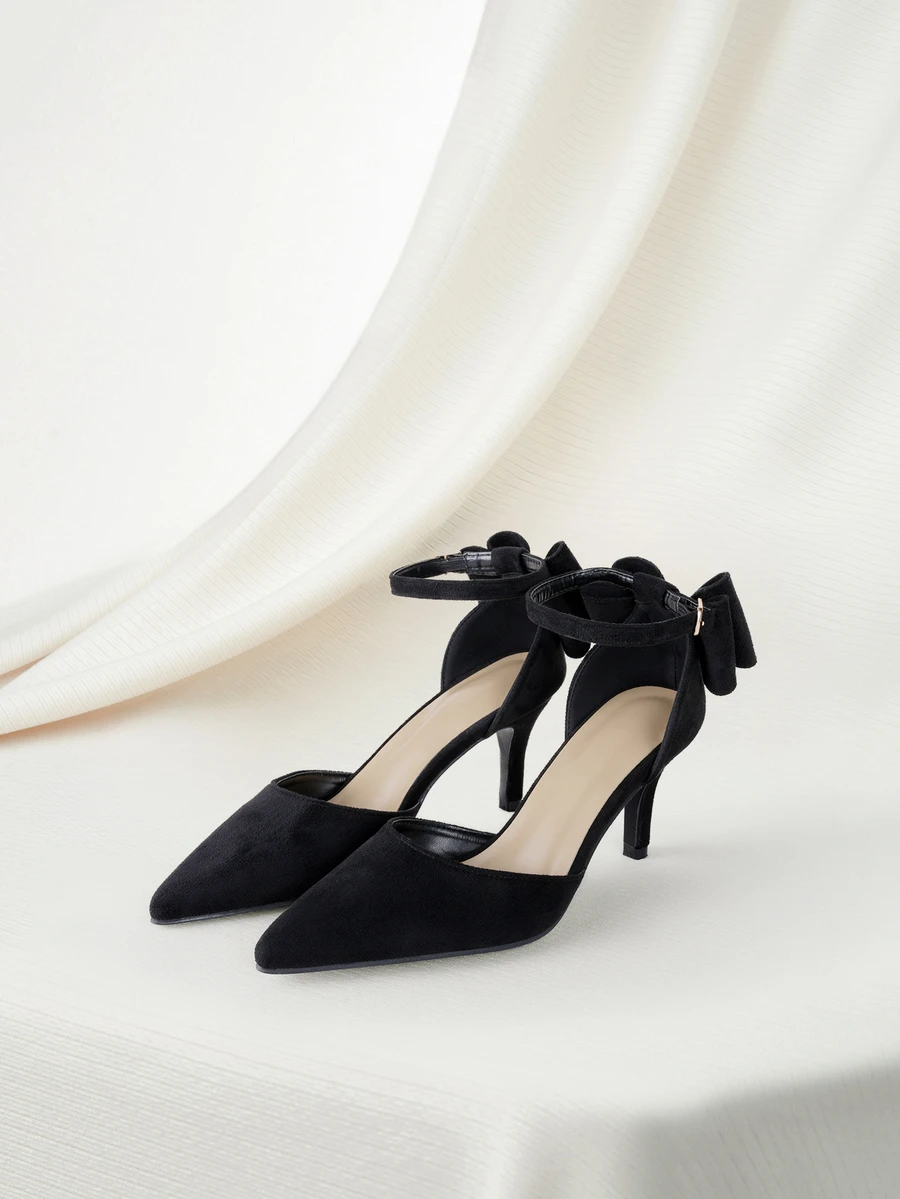 Clariva 女式黑色缎面蝴蝶结尖头踝带高跟鞋，春秋款 - 黑色 - 查看 1