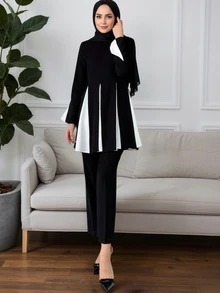 Women's Black & White Two Pieces Set - High Neck Tunic With Geometric Panels & Wide Leg Pants For Summer Office, Brunch & Casual Wear - Modest Fashion Outfit - Black - View 1