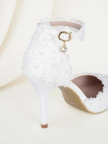 Clariva 9cm 白色蕾丝婚礼高跟凉鞋、细高跟尖头扣带玛丽珍凉鞋、白色仿珍珠婚礼新娘晚会礼服凉鞋、女士优雅高跟凉鞋、白色公主生日派对毕业舞会高跟鞋情人节 - 白色 - 查看 2