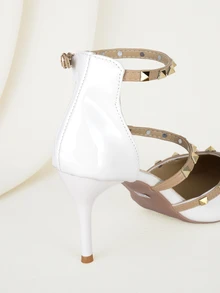 Clariva 铆钉复古米色高跟鞋性感尖头单带米色浅口鞋，优雅细高跟鞋，性感封闭式鞋头单带米色凉鞋，舒适的小众尖头凉鞋搭配连衣裙，派对鞋 - 米色 - 查看 2