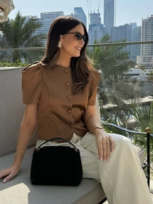 Elegant Women's Brown Round Neck Top, Puff Sleeves, Front Button Closure Design, Fashionable Blazer Short Sleeve Jacket - Brown - View 4