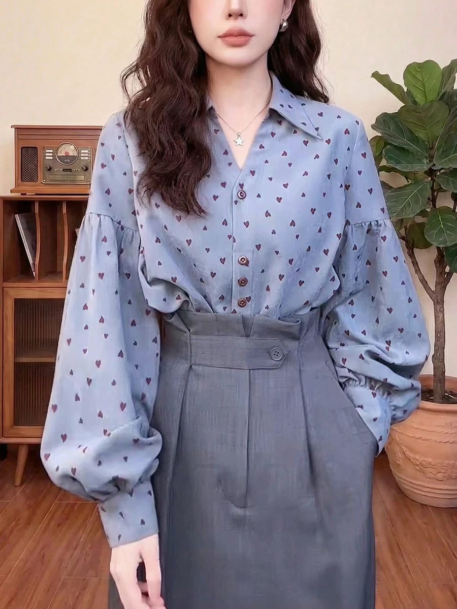 Women's All-Over Heart Print Collared Lantern Sleeve Casual Blouse Vacation Spring - Dusty Blue - View 1