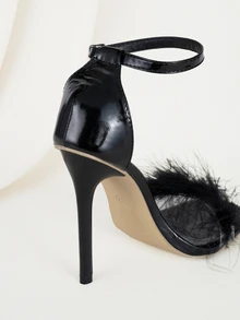 Clariva Giày cao gót lông quai đỏ đen thời trang nữ, gót vuông mỏng, hàng mới về mùa xuân/hè 2025, giày dự tiệc thanh lịch, thích hợp cho đám cưới, tiệc tối, đa năng - màu đen - Xem 3