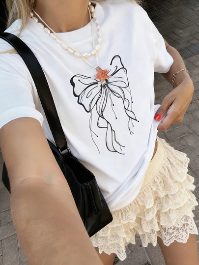 Summer New Simple Fashion Ins Hand-Painted Bow Print Casual Round Neck Short Sleeve T-Shirt, Versatile & Suitable For Women