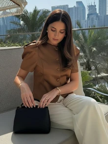 Elegant Women's Brown Round Neck Top, Puff Sleeves, Front Button Closure Design, Fashionable Blazer Short Sleeve Jacket - Brown - View 1