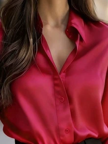 Camisa de mujer de unicolor con botones, ligera para uso diario, primavera/verano - Burdeos - Ver 3