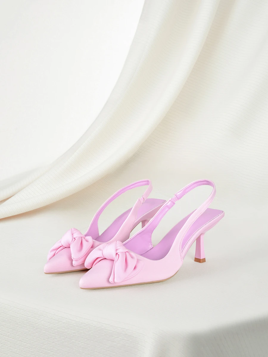 Clariva Giày cao gót hở mũi đính nơ màu trơn thời trang thu/đông, thích hợp cho tiệc ngoài trời, thanh lịch, gót mèo - Màu Hồng baby - Xem 1