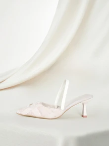 Clariva 女式 7 厘米高跟露趾凉鞋，黑色罗马尖头小猫高跟鞋，优雅弹力带高跟鞋 - 米色 - 查看 2