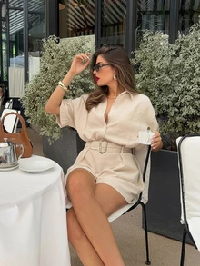 Summer French Elegant Bamboo Fabric Women's Casual Beige 2 Pieces Set, Graceful White Shirt Blouse And High-Waisted Shorts, Non-Stretch Fabric, Metal Waist Buckle Leisure Suit - Champagne - View 5