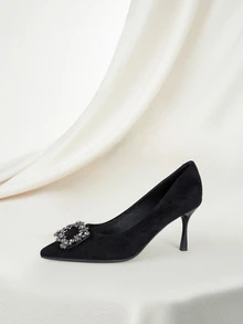 Clariva Herbst/Winter Strass-Dekor Stiletto-Absatz Pumps, schwarze Party Strass einfarbige Damen High Heels für Valentinstag, elegant - Schwarz - Übersicht 3