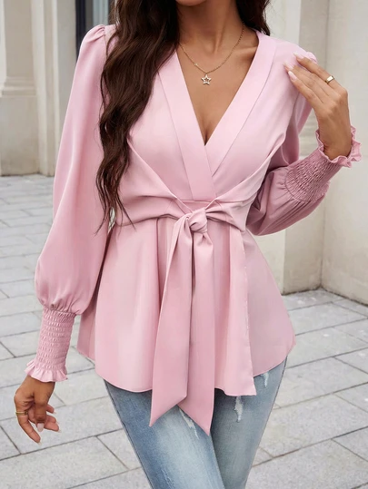 女士褶皱长袖纯色扭结休闲衬衫