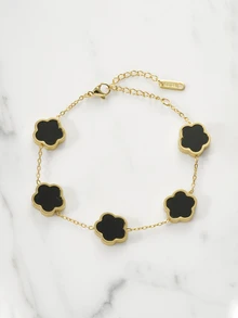 Clariva 1 chiếc vòng tay thép không gỉ hình hoa năm lá may mắn hai mặt xà cừ thời trang - màu đen - Xem 1