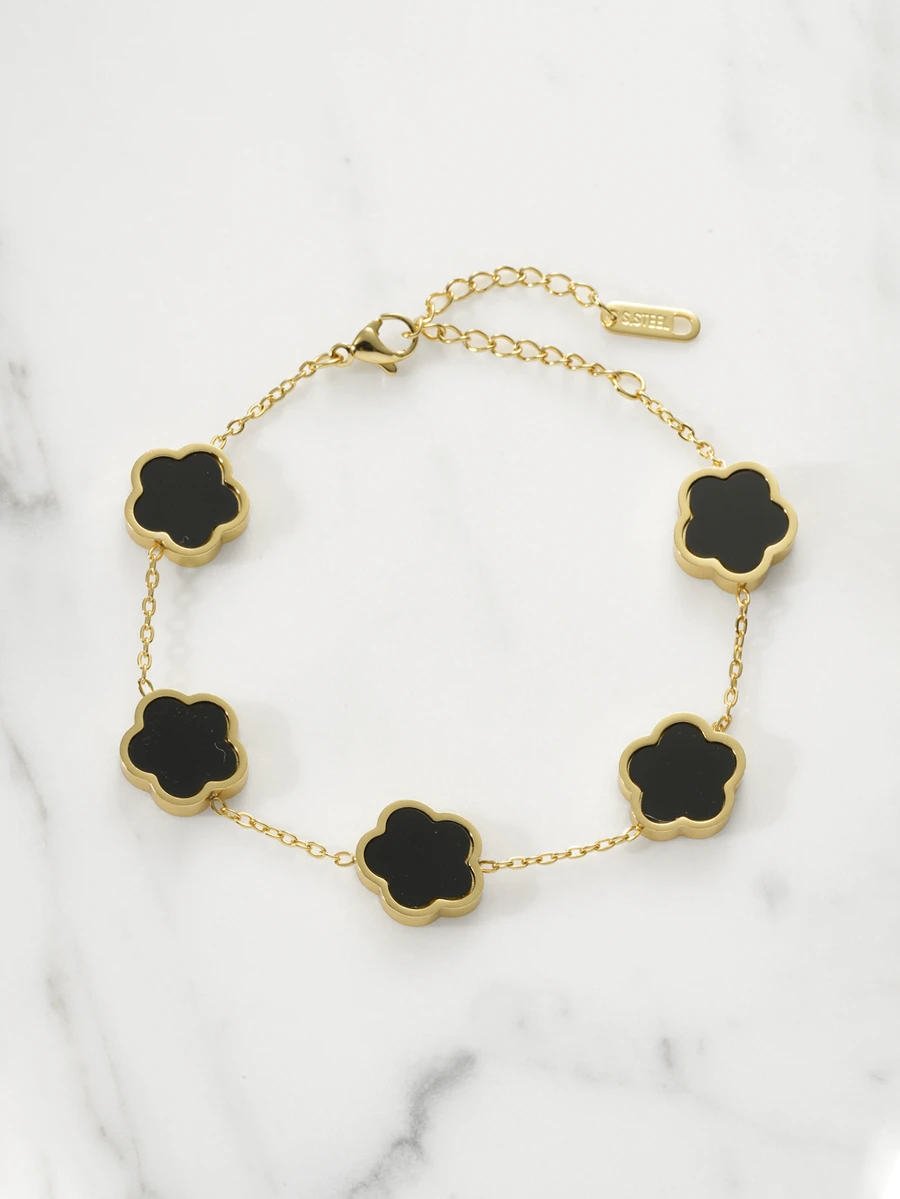 Clariva 1 chiếc vòng tay thép không gỉ hình hoa năm lá may mắn hai mặt xà cừ thời trang - màu đen - Xem 1