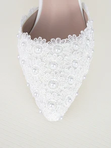 Clariva Women 5cm White Lace Low Heel Wedding Sandals, Pointed Toe Mid Heel Sandals, Flat Heel Hoof Heel White Lace Faux Pearl Strap Mary Jane Sandals, White Faux Pearl Wedding Bridal Evening Party Sandals, Thin High Heel Plus Size Women Shoes, Mid Heel Sandals, Elegant High Heel Sandals, White Wedding Bridal Shoes, Princess Birthday Party Graduation Prom High Heel Sandals, Princess Long Dress White Thin High Heel Sandals Valentines - White - View 5