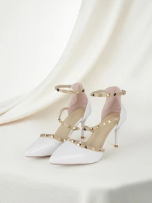 Clariva 铆钉复古米色高跟鞋性感尖头单带米色浅口鞋，优雅细高跟鞋，性感封闭式鞋头单带米色凉鞋，舒适的小众尖头凉鞋搭配连衣裙，派对鞋 - 米色 - 查看 1