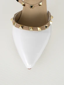 Clariva 铆钉复古米色高跟鞋性感尖头单带米色浅口鞋，优雅细高跟鞋，性感封闭式鞋头单带米色凉鞋，舒适的小众尖头凉鞋搭配连衣裙，派对鞋 - 米色 - 查看 5