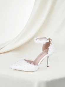 Clariva 9cm 白色蕾丝婚礼高跟凉鞋、细高跟尖头扣带玛丽珍凉鞋、白色仿珍珠婚礼新娘晚会礼服凉鞋、女士优雅高跟凉鞋、白色公主生日派对毕业舞会高跟鞋情人节 - 白色 - 查看 3