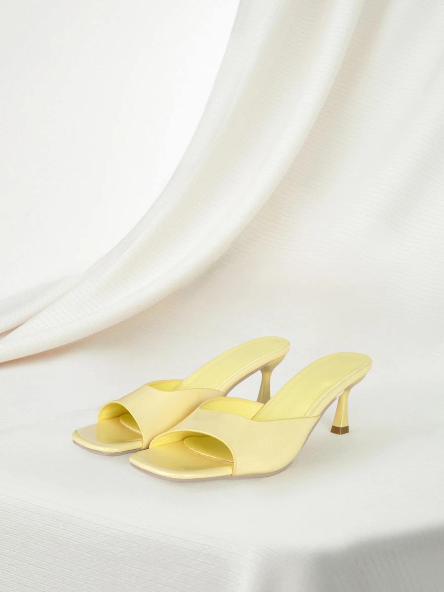 Clariva 2025 新款春夏时尚方头细高跟黄漆穆勒一脚蹬凉鞋，优雅女士高跟拖鞋，装饰设计，适合派对、婚礼、度假