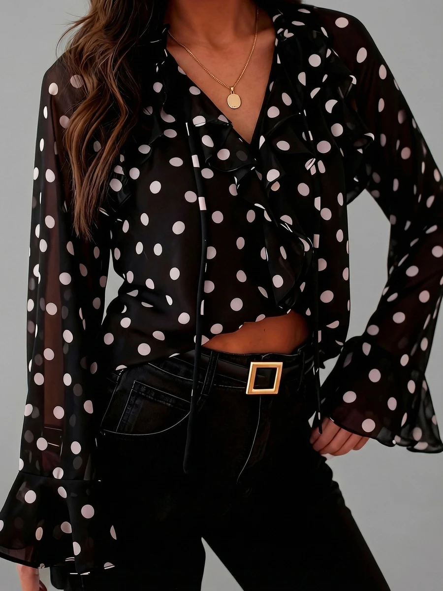 Women's Black Chiffon Polka Dot Tie Neck Ruffle Trim Long Sleeve Blouse, Spring/Summer - Black - View 1