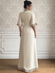 HOMEYEE Women's Long Formal Dress, Elegant Flared Embroidered A-Line V-Neck 3/4 Sleeve Party Cocktail Evening Gown - Apricot - View 2