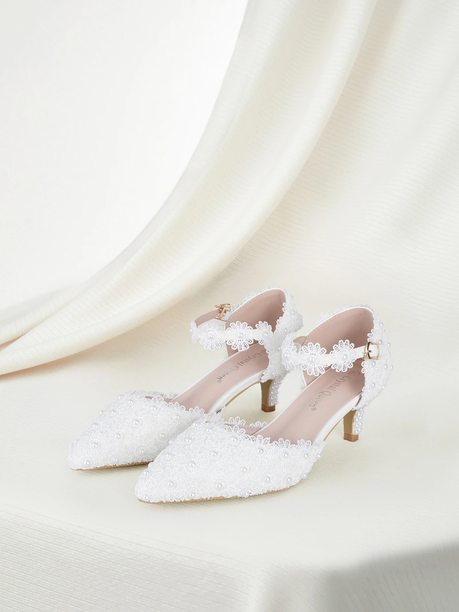 Clariva Women 5cm White Lace Low Heel Wedding Sandals, Pointed Toe Mid Heel Sandals, Flat Heel Hoof Heel White Lace Faux Pearl Strap Mary Jane Sandals, White Faux Pearl Wedding Bridal Evening Party Sandals, Thin High Heel Plus Size Women Shoes, Mid Heel Sandals, Elegant High Heel Sandals, White Wedding Bridal Shoes, Princess Birthday Party Graduation Prom High Heel Sandals, Princess Long Dress White Thin High Heel Sandals Valentines - White - View 1