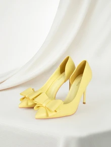 Clariva 秋冬时尚简约性感细高跟尖头细高跟鞋，饰有蝴蝶结和镂空设计，优雅派对风 - 黃色 - 查看 1