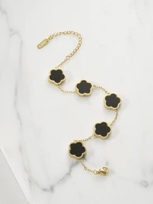 Clariva 1 chiếc vòng tay thép không gỉ hình hoa năm lá may mắn hai mặt xà cừ thời trang - màu đen - Xem 5