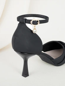 Clariva 女式 2025 年新款尖头高跟凉鞋，带人造珍珠、封闭式鞋头、带扣、水钻、镂空设计和细高跟 - 黑色 - 查看 3