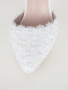 Clariva 9cm 白色蕾丝婚礼高跟凉鞋、细高跟尖头扣带玛丽珍凉鞋、白色仿珍珠婚礼新娘晚会礼服凉鞋、女士优雅高跟凉鞋、白色公主生日派对毕业舞会高跟鞋情人节 - 白色 - 查看 5