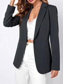 欧美秋冬新款时尚优雅翻领单扣修身女式西装外套 - 灰色 - 查看 5
