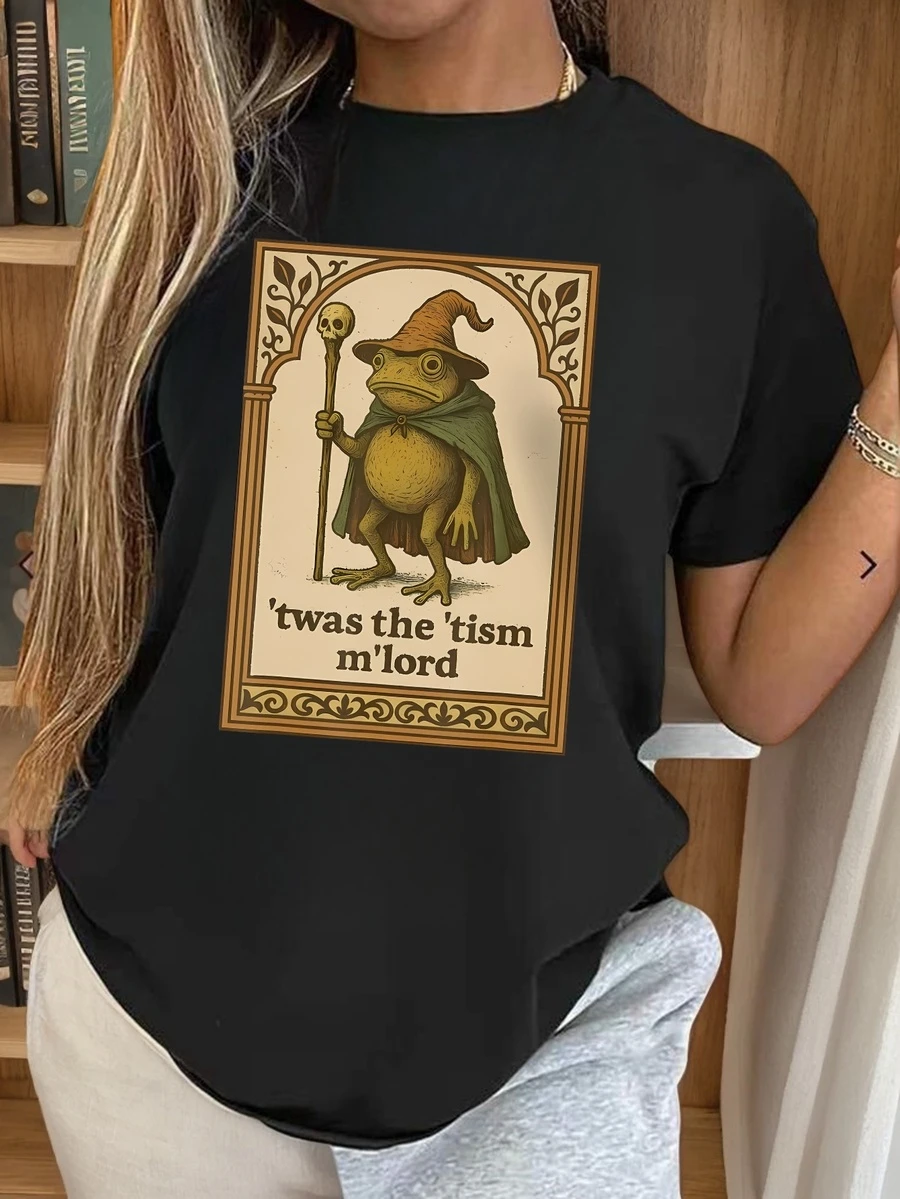 “这就是我的状况”女巫蛙女士T恤，常规版型中世纪青蛙图案T恤，舒适2026标语休闲圆领奇幻动漫展服装 - 黑色 - 查看 1
