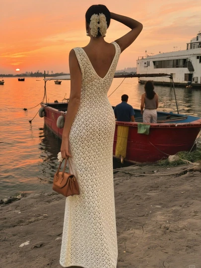 Vestido de punto con escote en V y calado blanco, vestido ligero y transparente para mujer, sexy para festivales de música, luna de miel, temporada de bodas, vacaciones en la playa, adecuado para la playa, la arena, la natación