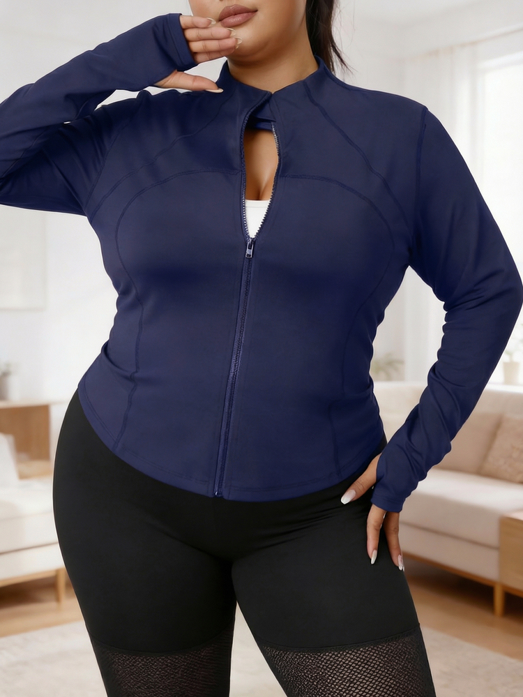 Áo khoác thể thao nữ cỡ lớn dáng ôm, có khóa kéo toàn thân và lỗ xỏ ngón tay cái, nhẹ, mềm mại, thoải mái, giúp thon gọn vóc dáng, thích hợp cho các hoạt động ngoài trời như đi bộ đường dài, chạy bộ, yoga và tập thể dục. - Xanh đậm - Xem 2