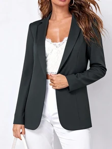 欧美秋冬新款时尚优雅翻领单扣修身女式西装外套 - 灰色 - 查看 4