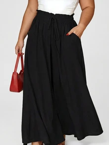 Plus Size Women Casual Drawstring Waist Loose Wide Leg Pants, Solid Color, Versatile For Daily Commute - Black - View 1