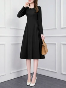 Women's Elegant Black A Line Midi Dress With Long Sleeves Round Neck Knitted Fabric Pleated Flared Hem And Zipper Details - Black - View 4