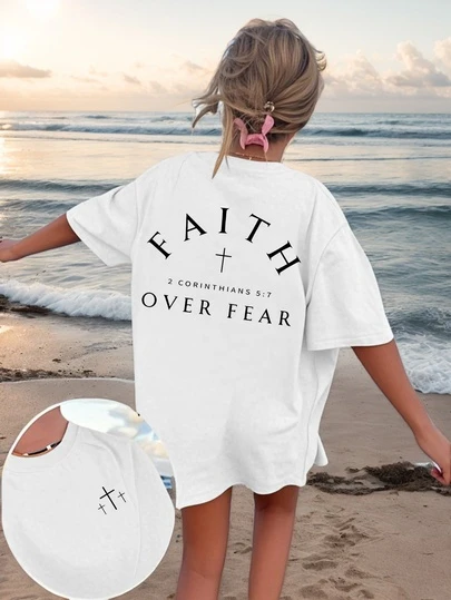Faith Over Fear' Christian Bible Verse Women's T-Shirt, Regular Fit Inspirational Graphic Tee, Comfortable Daily Wear Short Sleeve Top, Casual Faith Apparel