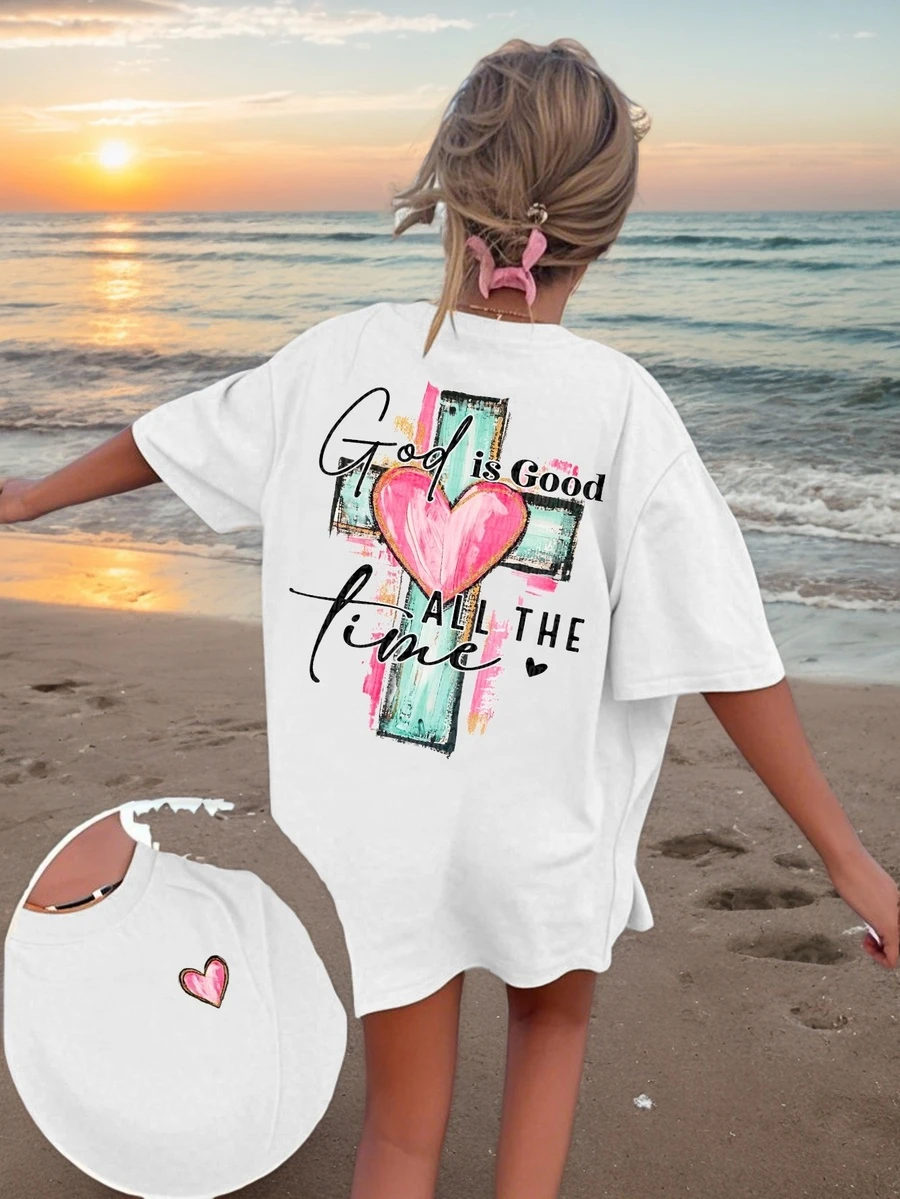 基督教“上帝永远良善”十字架字母印花T恤，休闲短袖圆领信仰服饰，男女皆宜夏季款 - 白色 - 查看 1