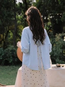 Loose Casual Tie Neck Long Sleeve Blouse, Versatile For Everyday Wear - Blue - View 3