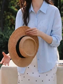 Loose Casual Tie Neck Long Sleeve Blouse, Versatile For Everyday Wear - Blue - View 4