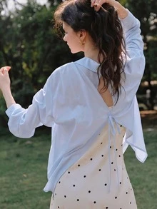 Loose Casual Tie Neck Long Sleeve Blouse, Versatile For Everyday Wear - Blue - View 2