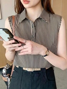 女士休闲无袖衬衫 - 条纹开襟翻领上衣，四季皆宜，可机洗，夏季时尚纽扣装饰，舒适耐穿面料 - 黑卡條紋 - 查看 1