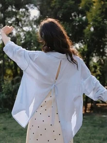 Loose Casual Tie Neck Long Sleeve Blouse, Versatile For Everyday Wear - Blue - View 1